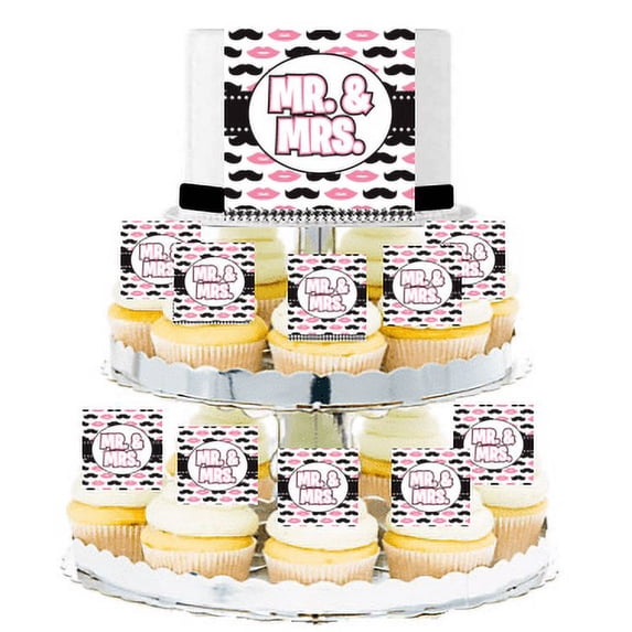 Mr & Mrs Lips and Mustache Edible Photo Toppers & Edible Cupcake Decoration Kit