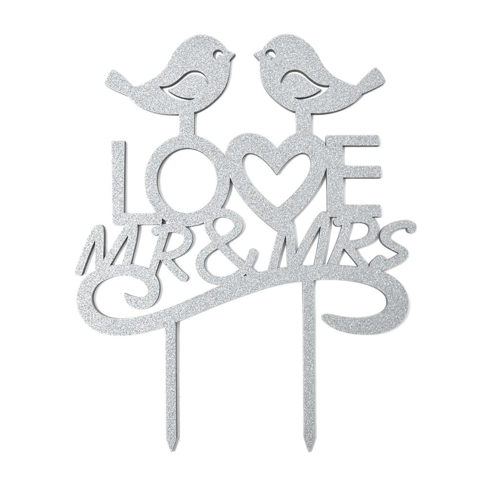 Mr. & Mrs. Love Birds Glitter Wedding Cake Topper, 71/2Inch, Silver