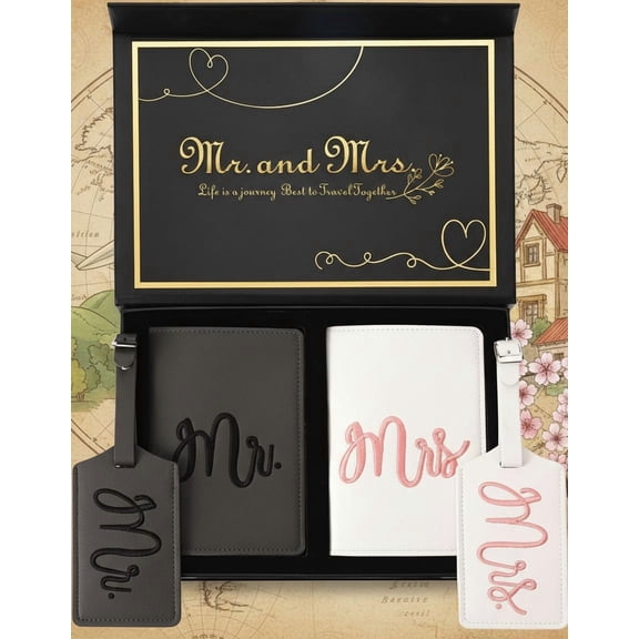 Mr. and Mrs. Luggage Tags and Passport Holder Set - Valentine’s Day Gifts with 2 Passport Leather Covers, Wedding Honeymoon Travel Essentials for Bride & Groom Couples (2 Sets, Embroidery Style)