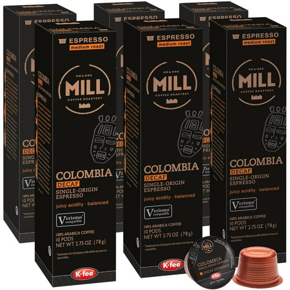 Mr and Mrs Mill Colombia Decaf Espresso K-fee & Starbucks Verismo* Compatible | 60 Count (6 boxes X 10 Pods) | Medium Roast Single Serve Espresso Pods