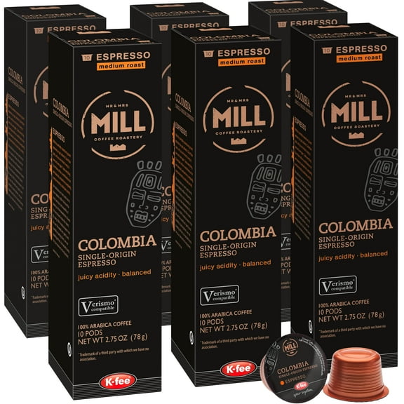Mr and Mrs Mill Medium Roast Colombia Single-Origin K-fee & Starbucks Verismo* Compatible | 60 Count (6 boxes X 10 Pods) | Single Serve Espresso Pods