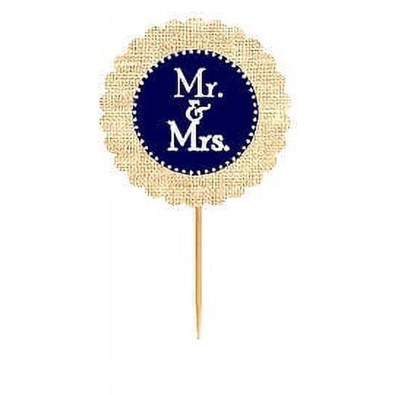 Mr & Mrs Navy Rustic Burlap Wedding Cupcake Decoration Topper Food Picks