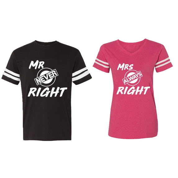 Mr.Mrs. Never Always Right Matching Couple Cotton Jerseys (Men Black / Women Pink) (Men S / Women S)