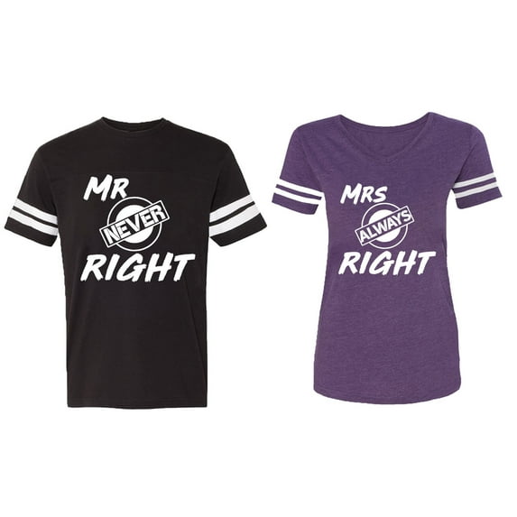 Mr.Mrs. Never Always Right Matching Couple Cotton Jerseys (Men Black / Women Purple) (Men S / Women XL)