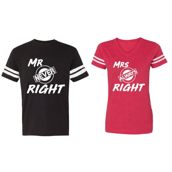 Mr.Mrs. Never Always Right Matching Couple Cotton Jerseys (Men Black / Women Red) (Men S / Women L)