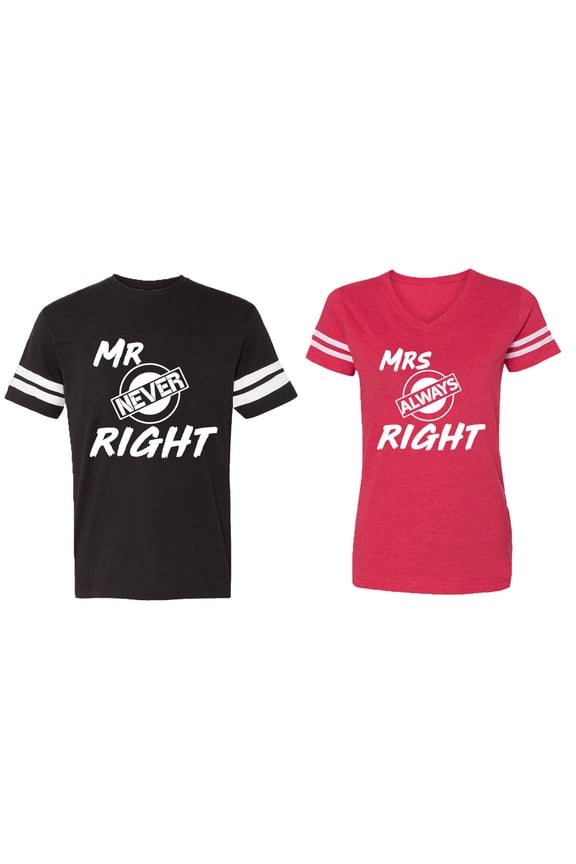 Mr.Mrs. Never Always Right Matching Couple Cotton Jerseys (Men Black / Women Red) (Men XL / Women S)