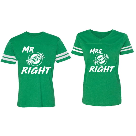 Mr.Mrs. Never Always Right Matching Couple Cotton Jerseys (Men Green / Women Green) (Men M / Women S)
