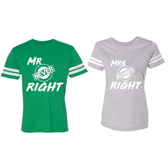 Mr.Mrs. Never Always Right Matching Couple Cotton Jerseys (Men Green / Women Heather) (Men S / Women S)