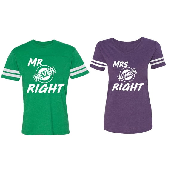 Mr.Mrs. Never Always Right Matching Couple Cotton Jerseys (Men Green / Women Purple) (Men L / Women XL)