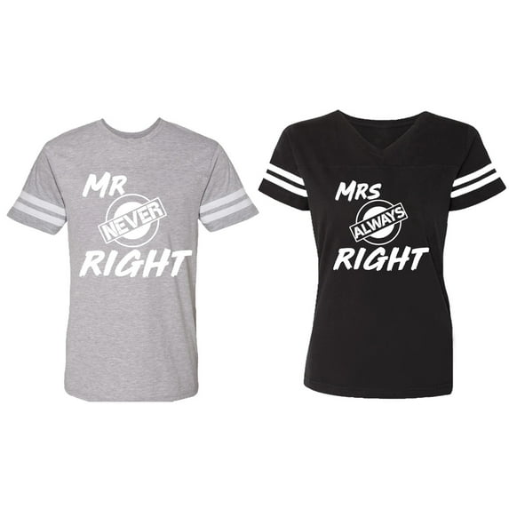 Mr.Mrs. Never Always Right Matching Couple Cotton Jerseys (Men Heather / Women Black) (Men S / Women S)
