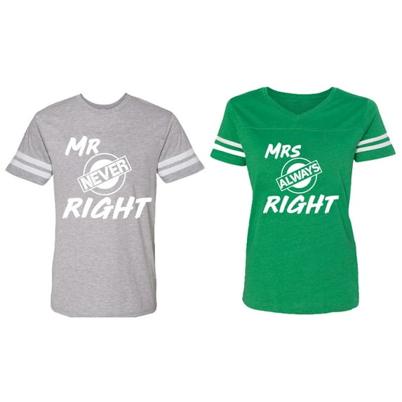 Mr.Mrs. Never Always Right Matching Couple Cotton Jerseys (Men Heather / Women Green) (Men L / Women XL)