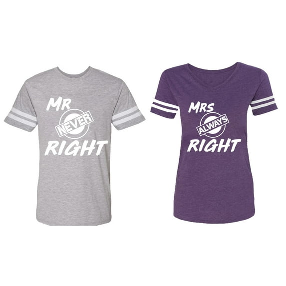 Mr.Mrs. Never Always Right Matching Couple Cotton Jerseys (Men Heather / Women Purple) (Men XL / Women XL)