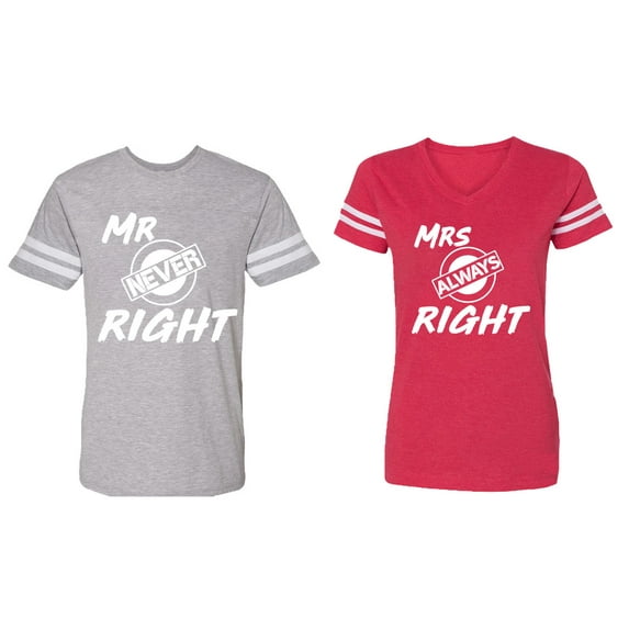 Mr.Mrs. Never Always Right Matching Couple Cotton Jerseys (Men Heather / Women Red) (Men L / Women L)