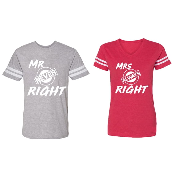 Mr.Mrs. Never Always Right Matching Couple Cotton Jerseys (Men Heather / Women Red) (Men XXXL / Women XXL)