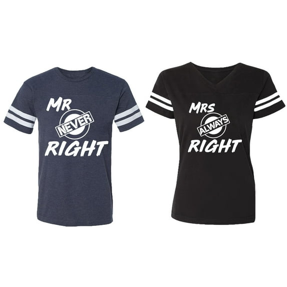 Mr.Mrs. Never Always Right Matching Couple Cotton Jerseys (Men Navy / Women Black) (Men L / Women L)