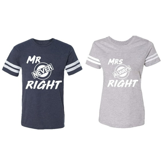 Mr.Mrs. Never Always Right Matching Couple Cotton Jerseys (Men Navy / Women Heather) (Men XL / Women XXL)