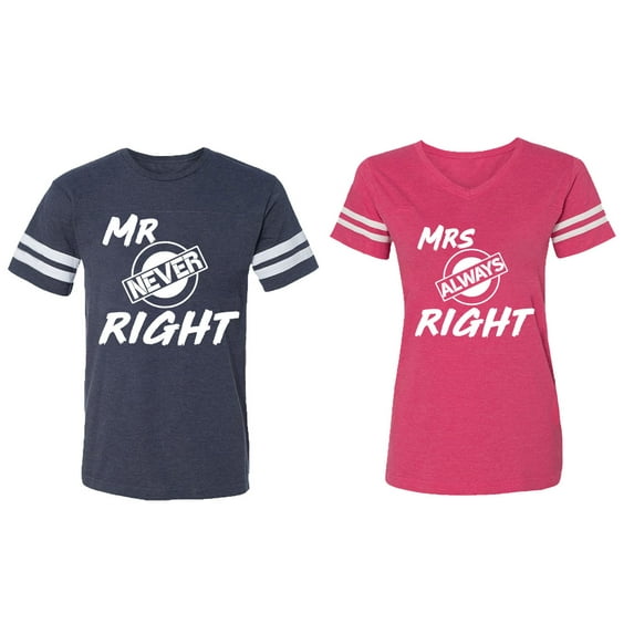 Mr.Mrs. Never Always Right Matching Couple Cotton Jerseys (Men Navy / Women Pink) (Men XXXL / Women XXL)