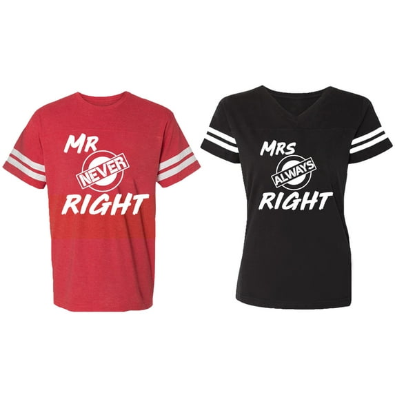 Mr.Mrs. Never Always Right Matching Couple Cotton Jerseys (Men Red / Women Black) (Men L / Women XXL)
