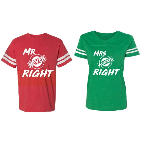 Mr.Mrs. Never Always Right Matching Couple Cotton Jerseys (Men Red / Women Green) (Men L / Women M)