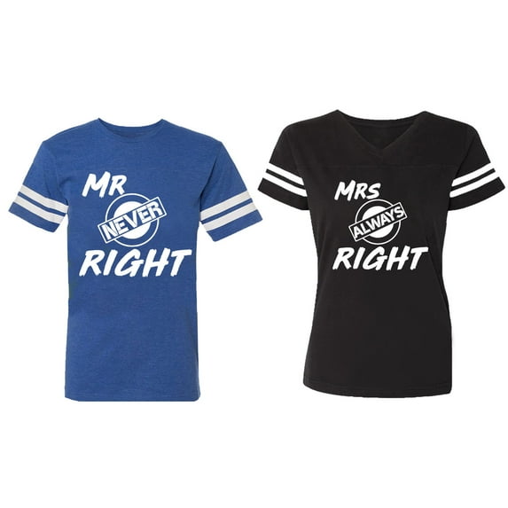 Mr.Mrs. Never Always Right Matching Couple Cotton Jerseys (Men Royal / Women Black) (Men M / Women XL)
