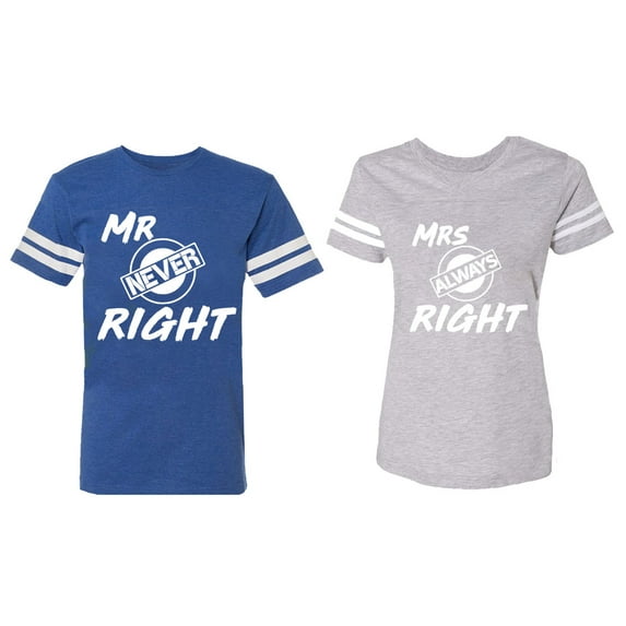 Mr.Mrs. Never Always Right Matching Couple Cotton Jerseys (Men Royal / Women Heather) (Men S / Women M)