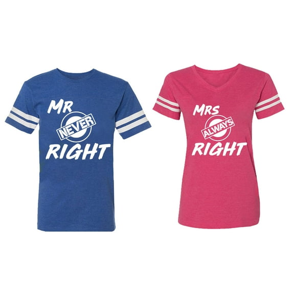Mr.Mrs. Never Always Right Matching Couple Cotton Jerseys (Men Royal / Women Pink) (Men XL / Women S)