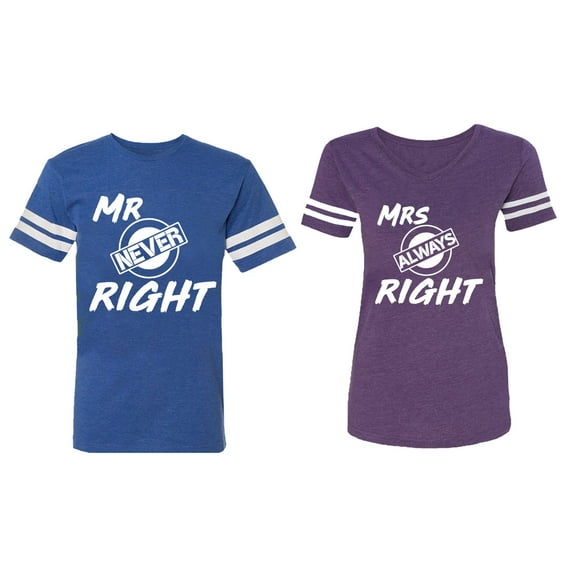 Mr.Mrs. Never Always Right Matching Couple Cotton Jerseys (Men Royal / Women Purple) (Men XXL / Women L)