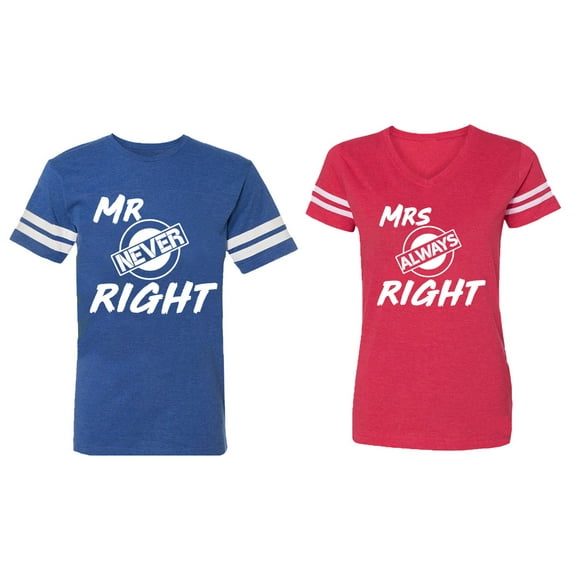 Mr.Mrs. Never Always Right Matching Couple Cotton Jerseys (Men Royal / Women Red) (Men M / Women S)