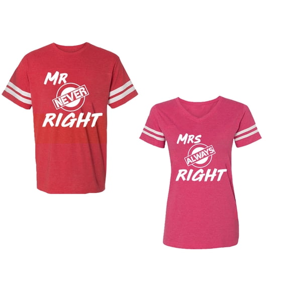 Mr.Mrs. Never Always Right Unisex Couple Matching Cotton Jersey style T-Shirt Contrasting stripes on sleeves (Men Red / Women Pink) (Men L / Women S)