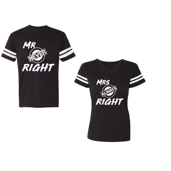 Mr.Mrs. Never Always Right Unisex Couple Matching Cotton Jersey style T-Shirt Contrasting stripes on sleeves (Men Black / Women Black) (Men S / Women S)