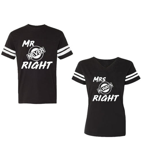 Mr.Mrs. Never Always Right Unisex Couple Matching Cotton Jersey style T-Shirt Contrasting stripes on sleeves (Men Black / Women Black) (Men XXL / Women M)