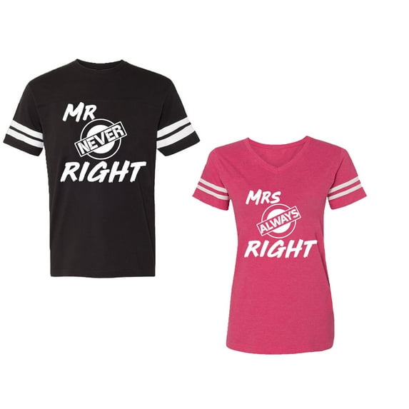 Mr.Mrs. Never Always Right Unisex Couple Matching Cotton Jersey style T-Shirt Contrasting stripes on sleeves (Men Black / Women Pink) (Men XXL / Women XL)