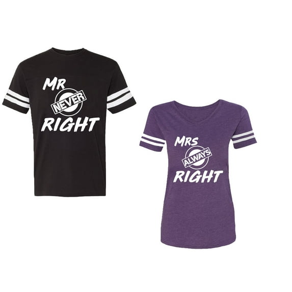 Mr.Mrs. Never Always Right Unisex Couple Matching Cotton Jersey style T-Shirt Contrasting stripes on sleeves (Men Black / Women Purple) (Men S / Women XXL)