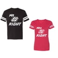 thumbnail image 1 of Mr.Mrs. Never Always Right Unisex Couple Matching Cotton Jersey style T-Shirt Contrasting stripes on sleeves (Men Black / Women Red) (Men S / Women XL), 1 of 3