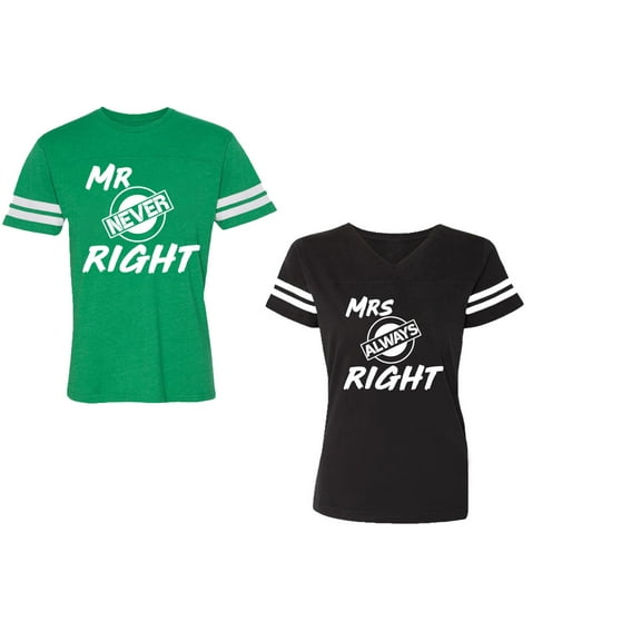 Mr.Mrs. Never Always Right Unisex Couple Matching Cotton Jersey style T-Shirt Contrasting stripes on sleeves (Men Green / Women Black) (Men S / Women S)