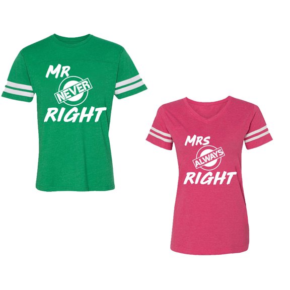 Mr.Mrs. Never Always Right Unisex Couple Matching Cotton Jersey style T-Shirt Contrasting stripes on sleeves (Men Green / Women Pink) (Men M / Women M)
