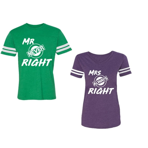Mr.Mrs. Never Always Right Unisex Couple Matching Cotton Jersey style T-Shirt Contrasting stripes on sleeves (Men Green / Women Purple) (Men L / Women XXL)