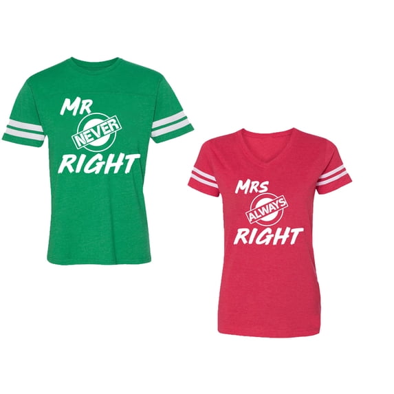 Mr.Mrs. Never Always Right Unisex Couple Matching Cotton Jersey style T-Shirt Contrasting stripes on sleeves (Men Green / Women Red) (Men L / Women L)
