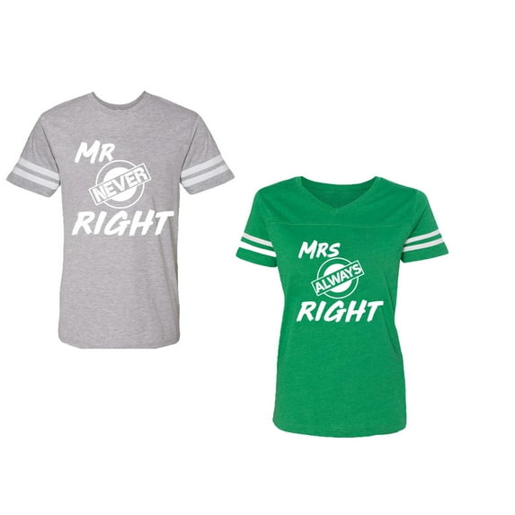Mr.Mrs. Never Always Right Unisex Couple Matching Cotton Jersey style T-Shirt Contrasting stripes on sleeves (Men Heather / Women Green) (Men M / Women L)