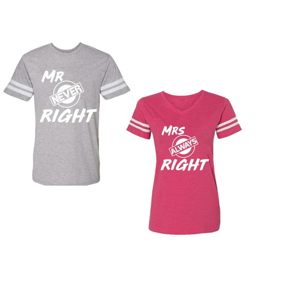 Mr.Mrs. Never Always Right Unisex Couple Matching Cotton Jersey style T-Shirt Contrasting stripes on sleeves (Men Heather / Women Pink) (Men S / Women XXL)