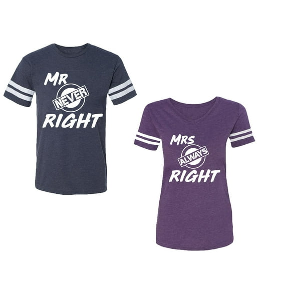 Mr.Mrs. Never Always Right Unisex Couple Matching Cotton Jersey style T-Shirt Contrasting stripes on sleeves (Men Navy / Women Purple) (Men XXXL / Women XXL)