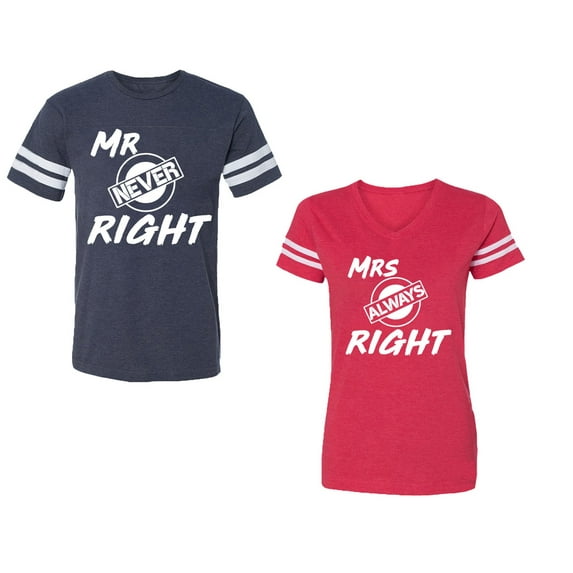 Mr.Mrs. Never Always Right Unisex Couple Matching Cotton Jersey style T-Shirt Contrasting stripes on sleeves (Men Navy / Women Red) (Men XL / Women M)
