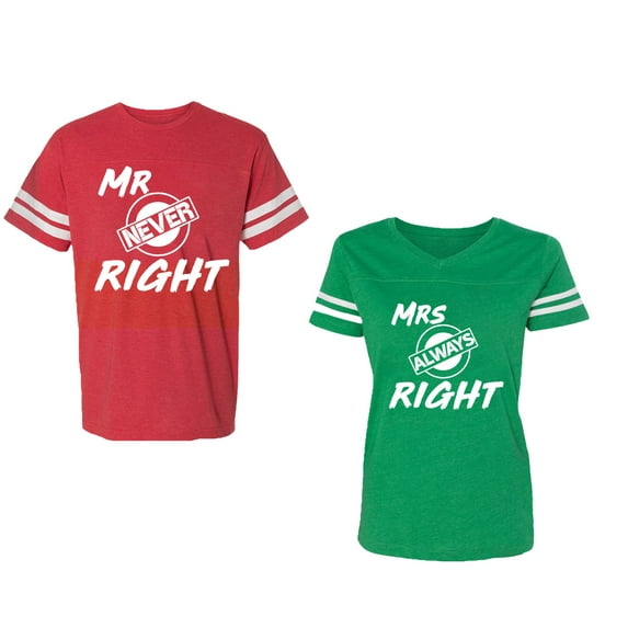Mr.Mrs. Never Always Right Unisex Couple Matching Cotton Jersey style T-Shirt Contrasting stripes on sleeves (Men Red / Women Green) (Men L / Women XL)