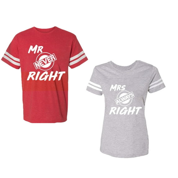 Mr.Mrs. Never Always Right Unisex Couple Matching Cotton Jersey style T-Shirt Contrasting stripes on sleeves (Men Red / Women Heather) (Men L / Women L)