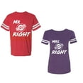 thumbnail image 1 of Mr.Mrs. Never Always Right Unisex Couple Matching Cotton Jersey style T-Shirt Contrasting stripes on sleeves (Men Red / Women Purple) (Men S / Women XL), 1 of 3
