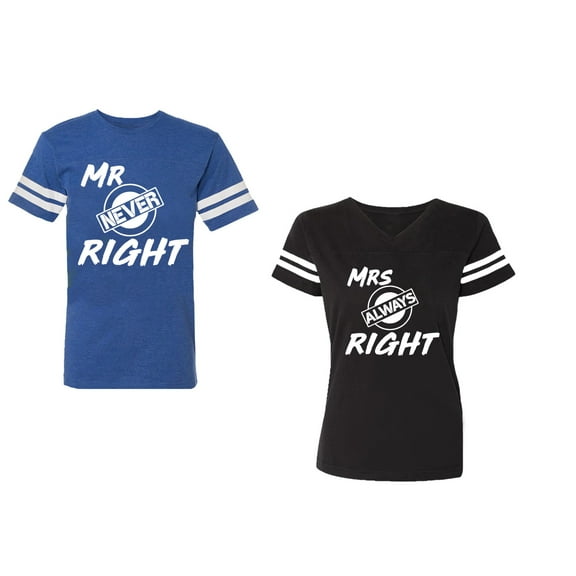Mr.Mrs. Never Always Right Unisex Couple Matching Cotton Jersey style T-Shirt Contrasting stripes on sleeves (Men Royal / Women Black) (Men S / Women S)