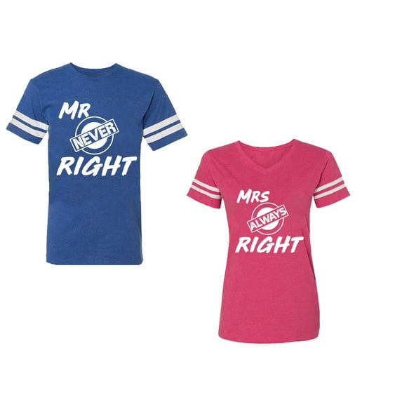 Mr.Mrs. Never Always Right Unisex Couple Matching Cotton Jersey style T-Shirt Contrasting stripes on sleeves (Men Royal / Women Pink) (Men XXL / Women S)