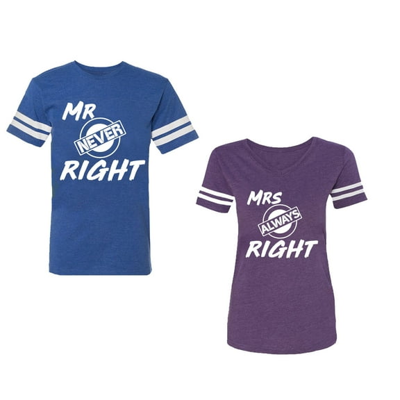 Mr.Mrs. Never Always Right Unisex Couple Matching Cotton Jersey style T-Shirt Contrasting stripes on sleeves (Men Royal / Women Purple) (Men XL / Women S)