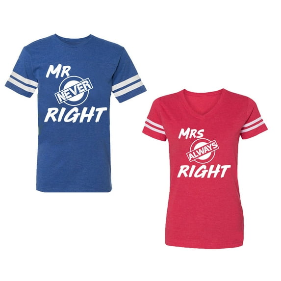Mr.Mrs. Never Always Right Unisex Couple Matching Cotton Jersey style T-Shirt Contrasting stripes on sleeves (Men Royal / Women Red) (Men S / Women L)