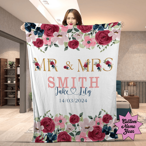 Mr & Mrs Personalized Wedding Blanket with Custom Name and Date – Floral Fleece Throw Anniversary Gift for Couples Husband Wife - Sherpa-50x60